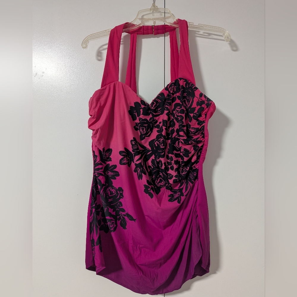 Land's End Pink and Black Ombre Floral One Piece Swimsuit With Sarong Skirt 18